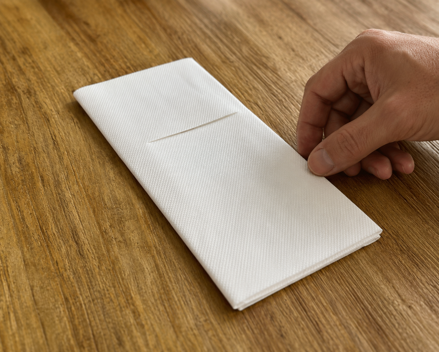 Hand die een wit premium PocketServet® klaarlegt op een houten tafel