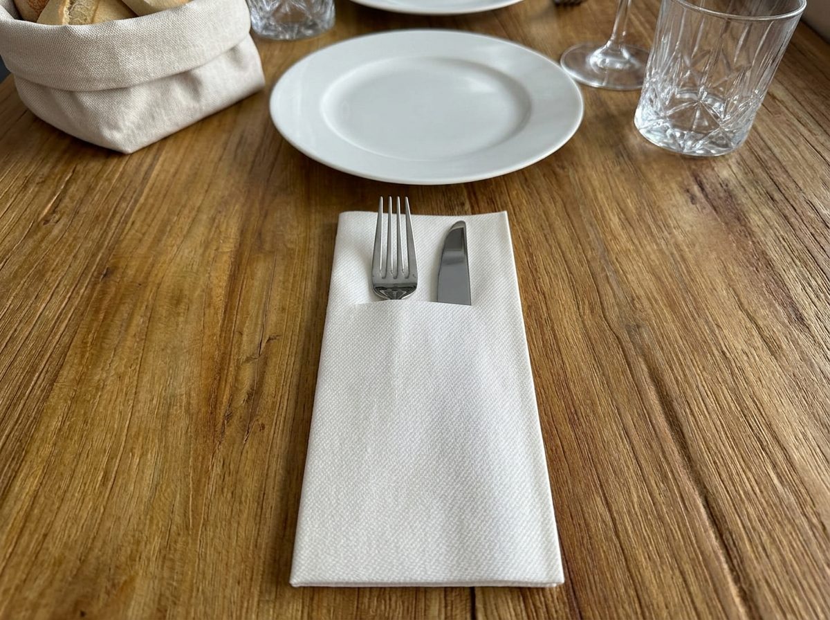 Afgewerkt wit servet met bestek netjes in de pocket op een gedekte tafel